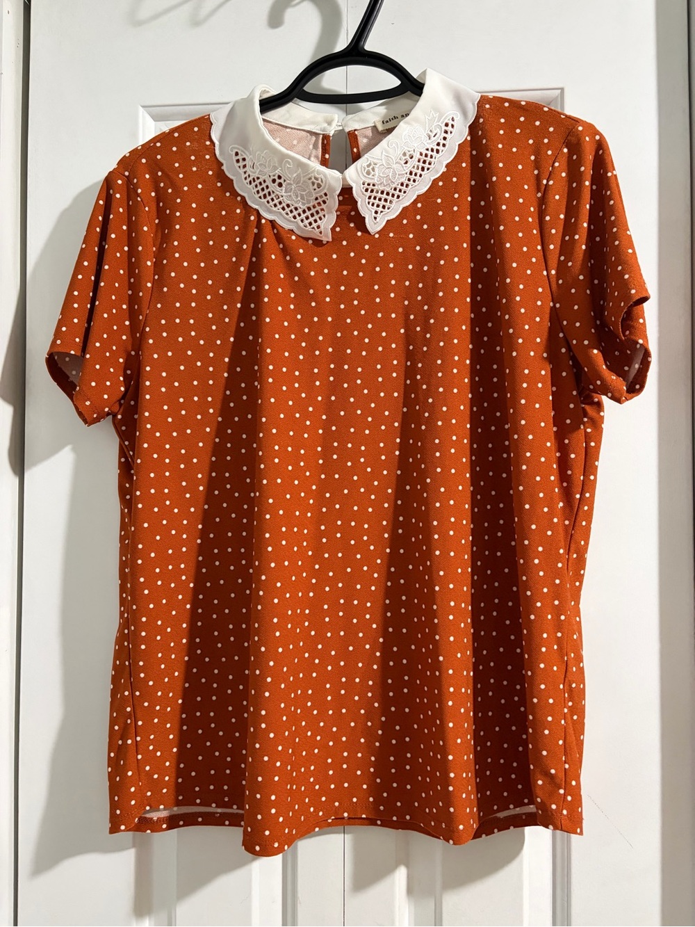 Faith and Joy Rust Orange Polka Dot Blouse with White Lace Collar